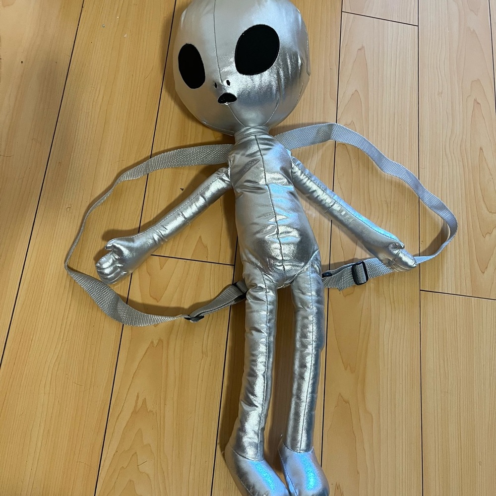 Metallic Plush Alien Backpack Silver Holographic ~ 20 inches tall
